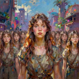 thousands of clones of a downtrodden woman, dystopian slums, vibrant, fantasy, trending on art station, oil painting, concept art