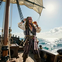 captain jack sparrow drinking rum on a ship in the middle of the ocean, sun shining, wide angle, hd