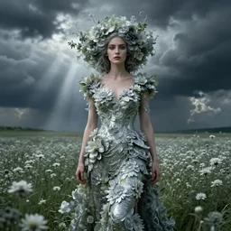 dress made of flowers wizard, flower hair woman, solemn, female, rising from flower field, high detail, high contrast, extreme close up face portrait, dissolve, storm clouds, god rays, d & d, fantasy, elegant, silver green color palette, cinematic, concept art, annie leibovitz, roger deakins, greg rutkowski, alphonse mucha