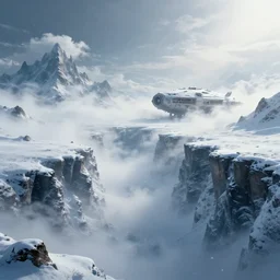 frozen wasteland frontiers with clouds and fog on an alien science-fiction planet with distant mountains and snow, ravine in the middle, derelict spaceship covered in snow in the background, by Syd Mead, Federico Pelat