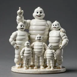 a porcelain model, family portrait of Michelin Man, Bibendum family portrait, sculpture, photograph, studio lighting, product photography, pottery, figurine, octane render