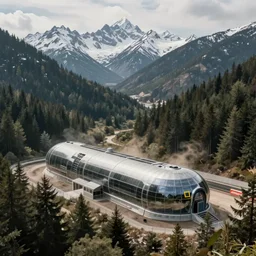 an expansive view of a futuristic containment building in a forested valley and snow - capped mountains in the distance, national geographic, hyper realistic, 4 k, dusty light