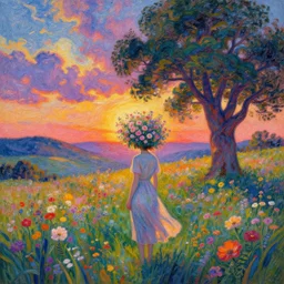 girl with blooming head, surreal photography, dream, standing in flower field, hills, big trees, sunrise dramatic light, impressionist painting, colorful clouds, digital painting, pointillism, artstation, simon stalenhag