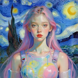 portrait of a beautiful girl, expressive paint drips, intense psychedelic trip, futuristic clothes, pastel colors, beautiful face, rule of thirds, spotlight, expressive, passionate, by mandy jurgens, by vincent van gogh, digital painting