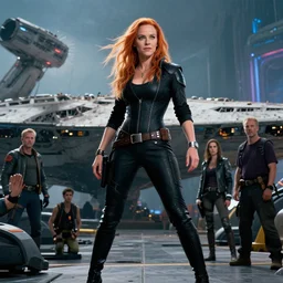 movie still frame, photorealistic, cyberpunk carrie fisher in epic pose, a starship wreckage in the background, beautiful composition, 8 k, cgi, by ridley scott, james cameron, zack snyder and michael bay