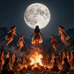 a very high resolution historical image. a giant full moon in the mountains while young women float into the air levitating in firelight as the satanic ritual climaxes, 2 4 mm, photorealistic, photography, night directed by wes anderson