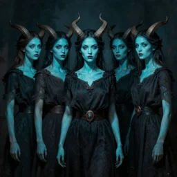 group of demon women, whose skin is colored cyan, wearing dark tunics, and have horns, by nikolay makovsky.