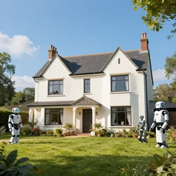 cyberpunk, an estate agent listing external photo of a 5 bedroom detached house in the countryside, robots, sunny day, clear skies, by Paul Lehr, highly detailed, photorealistic, 8k, anamorphic, cinestill cinematrography