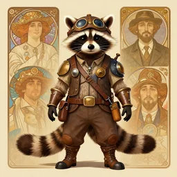 anthropomorphic raccoon steampunk aviator pilot. Renowned character illustration by greg rutkowski, thomas kindkade, alphonse mucha, loish, norman rockwell. Trending on furaffinity.