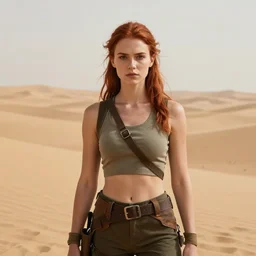fantasy portrait, wide shot, young woman, auburn hair, athletic, slavic features, clean face, serious demeanor, tomb raider, ( desert background ), in the style of ruan jia, high detail, uplit, 8 k