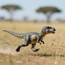 award winning photo from the left by saul leiter of a tiny gray dinosaur running in the savanna, motion blur, tiny gaussian blur, insanely detailed, insanely intricate, depth of field, low contrast, summer, wide aperture, action photography