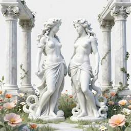 athena and medusa frolic in a meadow of beautiful flowers, large topiary and marble pillars in the background, painting by gaston bussiere, craig mullins, j. c. leyendecker, tom of finland