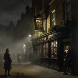 1 9 th century london, art by caspar david friedrich, thomas lawrence, john martin, dark, nigt, pub, pub sign, floor fog, coherent composition,