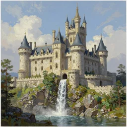 a painting of a castle with a waterfall in front of it, a detailed matte painting by tyler edlin, featured on cgsociety, arts and crafts movement, artstation hq, unreal engine 5, unreal engine