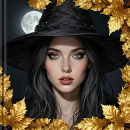 golden leaves at frame border, creative composition for a book cover, moon, beautiful portrait painting by jeremy mann, a female witch absurdly beautiful, ultrafine hyperrealistic detailed face by wlop and artgerm and greg rutkowski, intricate linework, sharp focus, smooth, octopath traveler, final fantasy, unreal engine, dramatic lighting, ethereal, 8 k