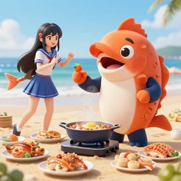 4 5 mm 1 9 8 7 cooking food photography of an corporate mascot at a beach summoning an anime salmon demon girl, photography by tyler mitchell johfra bosschart