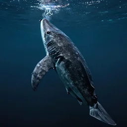 A massive creature underwater rising up to eat the camera. Dream like, dark, dreary, underwater photo.