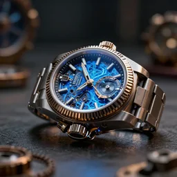 complex 3 d render of a futuristic steampunk watch lying on a table, high detail, sharp focus, glowing blue interior components, fractal detail, depth of field, bokeh, cinematic lighting and composition, octane render, film grain, by syd mead and greg rutkowski and android jones, rolex
