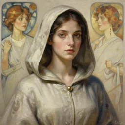 Portrait of a woman wearing a hooded robe, medium shot, intricate, elegant, highly detailed, digital painting, artstation, concept art, smooth, sharp focus, illustration, art by artgerm and greg rutkowski and alphonse mucha, by beksinski