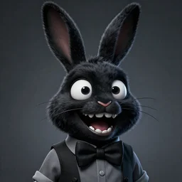 A extremely highly detailed majestic hi-res beautiful, highly detailed head and shoulders portrait of a scary terrifying, horrifying, creepy black cartoon rabbit with a bowtie and scary big eyes, earing a shirt laughing, hey buddy, let's be friends, in the style of Walt Disney