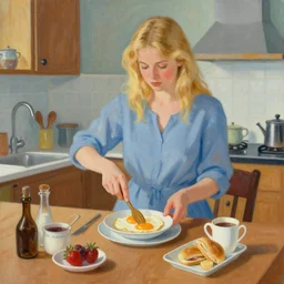 blonde woman making breakfast, art by art frahm