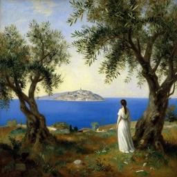 1 7 th century oil painting of a greek island! dreamy! landscape! olive trees!! woman in a long white dress silhouette!! in the distance on the island! blue sea!!