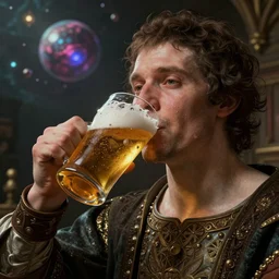 costume design made by idealisic concepts, sophisticated composition, old masters light composition, procedurally generated, character drinking beer, DMT BEER SPACE behind, substance designer, PBR, HD, Ultra detailed, hyperrealistic, megascans, volumetric light, concept by master artist, made in paint tool SAI2, trending pixiv face
