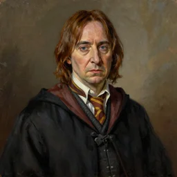 A portrait of Severus Snape depicted as Albus Dumbledor, oil painting