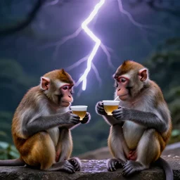 two monkeys drinking tea, a lightning bolt in the background