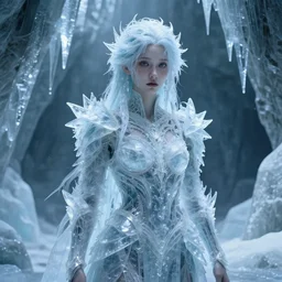 full shot pretty girl intricate and detailed armor made of many layers of ice. no makeup!! freckles!! stalactite hair. haunting eyes. vulnerable. fragile. ethereal. elaborate. ice caves. glaciers. refracted light. extremely soft lighting. textures. delicate. translucent. photorealistic. octane render