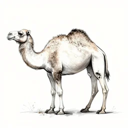outline side on sketch of a whole camel showing head, hump, legs and tail, professional artist