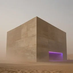 massive concrete building, in the desert seen through a sandstorm, neon lights, james turrel, minimalist architecture,