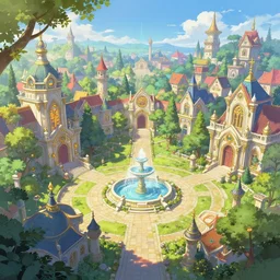 A wide open courtyard in a beautiful, colorful elven city made of ivory, anime, lush trees, fountain, a fantasy digital painting by Greg Rutkowski and James Gurney, trending on Artstation, highly detailed