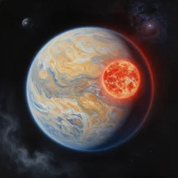 a detailed painting of a marble - like earth - like planet orbiting a large red sun in space, by alena aenami, petros afshar and greg rutkowski trending on artstation, deviantart, planet, clouds, earth, exoplanet, stars, nubulae