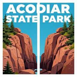 tourism poster, acadia state park, symmetrical, comic book art, minimalist, vibrant color scheme