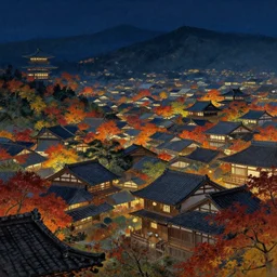 a japanese medieval town during autumn at night, painting, beautiful, award winning masterpiece