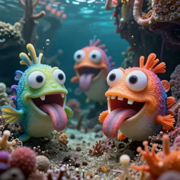 of an intricate sea cavern with colorful cute funny marine creatures with huge eyes, long tongue, square teeth and funny face appearing from murky waters, in the style of tim shumate, macro lens, shallow depth of field, highly detailed, digital painting, trending artstation, concept art, illustration, cinematic lighting, vibrant colors, photorealism, epic, octane render