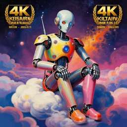 stunning portrait of robot by victo ngai, kilian eng vibrant colors, winning - award masterpiece, fantastically gaudy, aestheticly inspired by beksinski and dan mumford, 4 k upscale with simon stalenhag work, sitting on the cosmic cloudscape