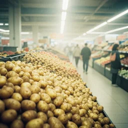 Beautiful Liminal Grainy foggy disposable-camera Photograph of a infinite Mall filled with potatoes