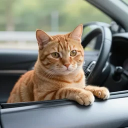 an orange tabby cat driving a car