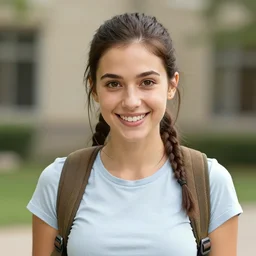 a beautiful lara croft, joyfully smiling at the camera opening her brown eyes, wearing university of minneapolis coat, perfect nose, morning hour, plane light, portrait, minneapolis as background. healthy, athletic