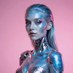 high quality photo of rococo cyborg woman with pearlescent blue skin key sage wayne barlowe very soft pink neon lighting on one side wide angle 35mm shallow depth of field 8k