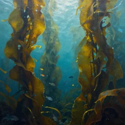 a kelp forest off the coast of los angeles, large giant kelps and various fish swimming in between the kelp. painted by vladimir kush