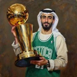 portrait of osama bin laden lifting larry o'brien trophy, celtics, nba, oil on canvas by william sidney mount, trending on artstation n 9
