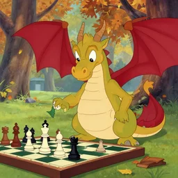 dragon playing chess at a park in autumn, wayne anderson dragon, rankin bass animation dragon, cel animation style