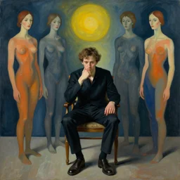 portrait of an actor sitting in a chair contemplating, art by james jean and vincent lefevre and hernan bas and pat steir and hilma af klint, psychological, high quality render, artstation, altermodern, masterpiece