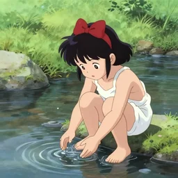 7 years old rina playing with the water, wearing white cloths, and a red bow in her hair, sitting by the side of a creek, in the painting style of anime, 8 k, detailed, tele photo lens, rule of thirds