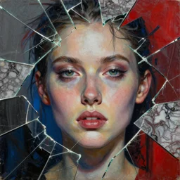 languid temptation. mixed media collage with shattered glass and marble texture in style of contemporary art, punk art, photorealistic face, expressionism, masterpiece, perfect composition, photorealistic beautiful face, spectacular quality, deep shadows, intricate oil details, red, blue, black, natural skin tone