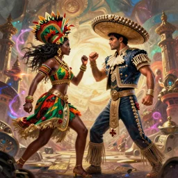 beautiful mexican man fighting Nigerian woman, fantasy magic, epic scale, high definition, octane render, very detailed, painterly style, magic particles, Poster Artwork, League of Legends