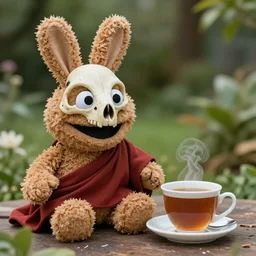 a huggable brown chibi plush rabbit muppet monk wearing a wolf skull and dat beside a cup of tea, photorealistic, nature, photography, national geographic, sesame street